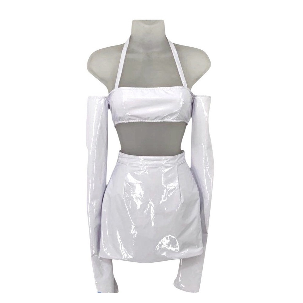 Laquan Smith X Revolve Vinyl Off Shoulder Crop Top Mini Skirt Set XS Festival